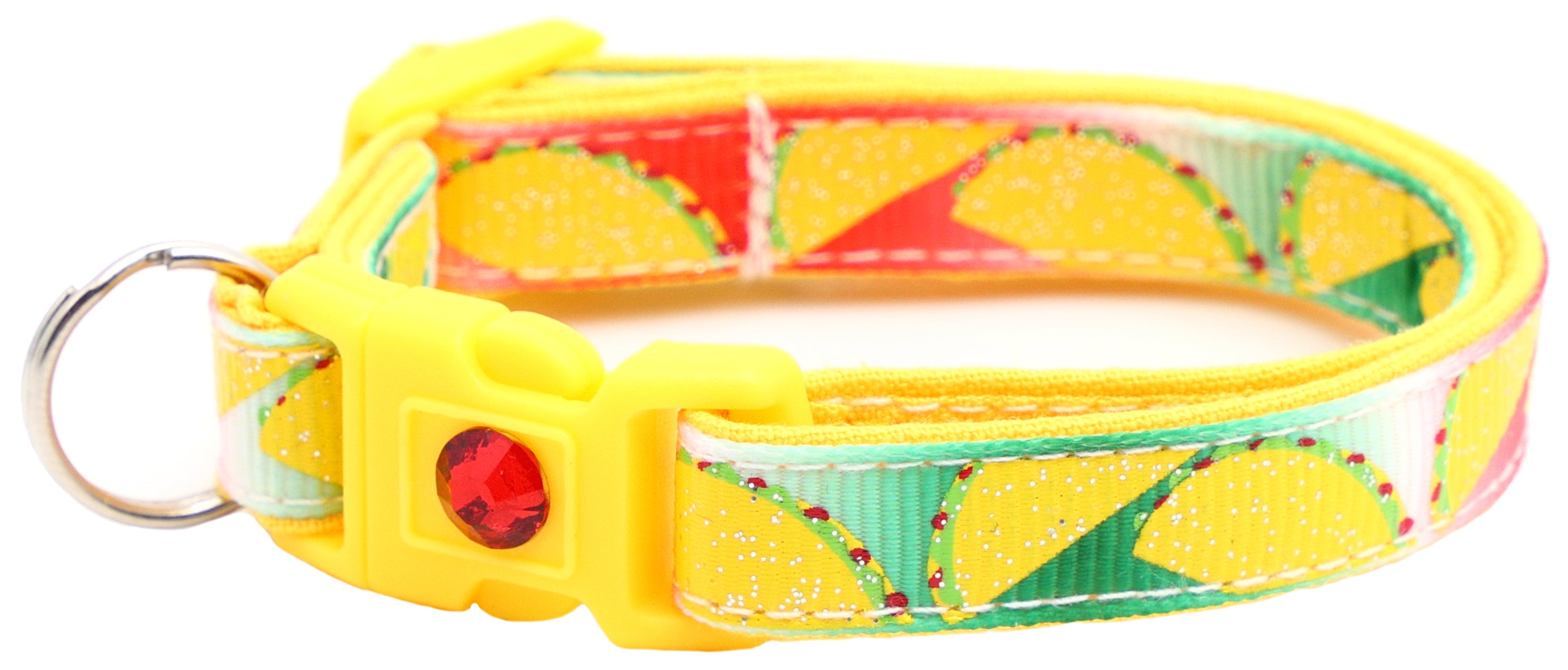 Handmade Taco Breakaway Cat Collar in reinforced cotton with breakaway clips and customizable features.